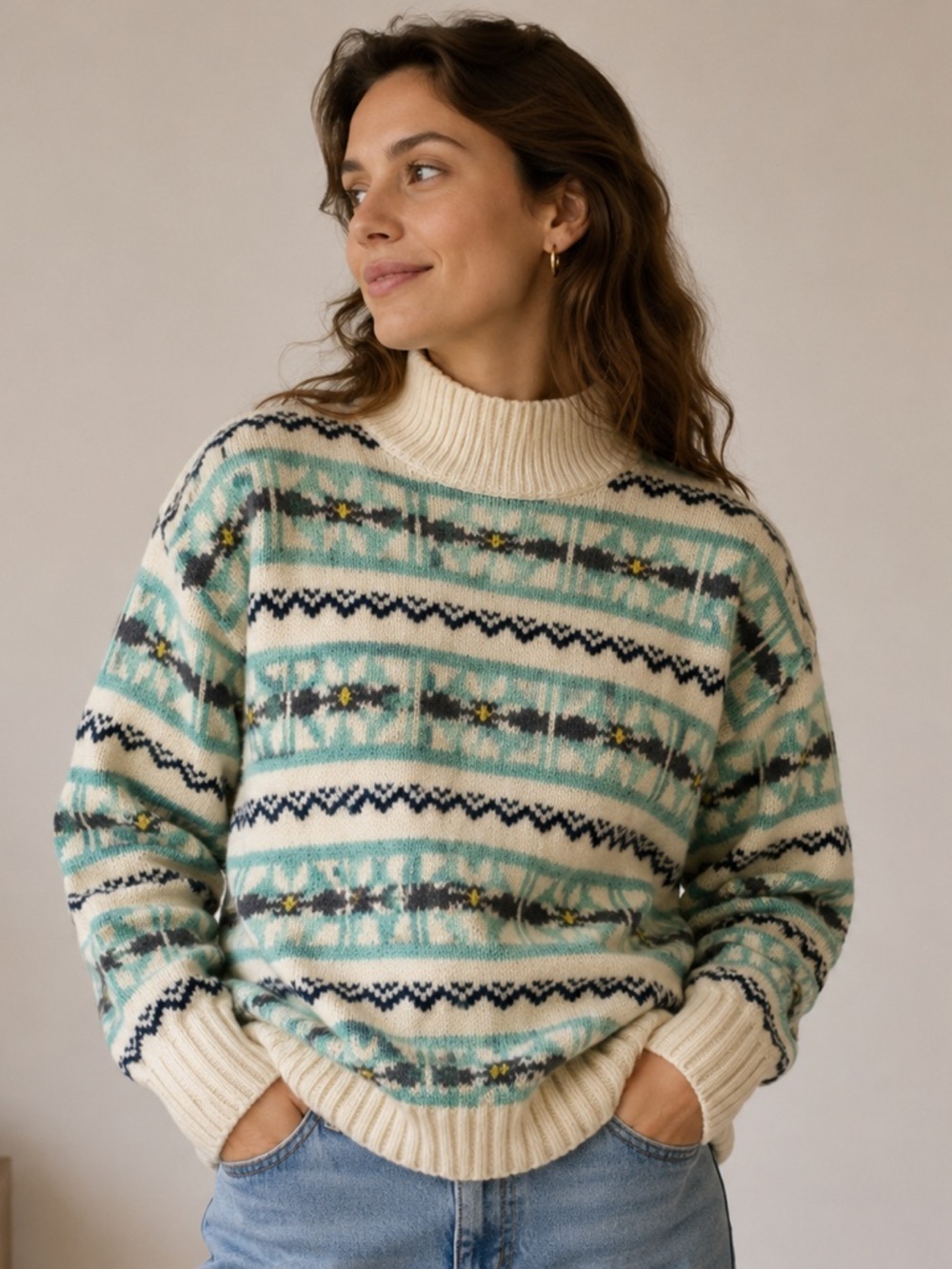 American Eagle Oversized Cream and Teal Fair Isle Mock Neck Sweater Medium